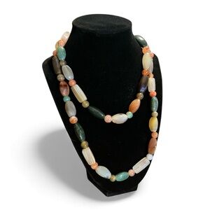 Vintage Stone Bead Necklace 36” Strand Natural Agate Quartz Boho Earthy Chunky